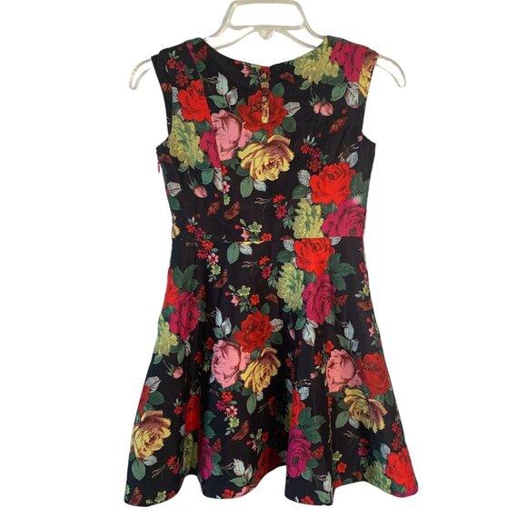 BAKER by TED BAKER Black Large Rose Print Sleeveless Girl's Fit-N-Flare Dress 10 - Picture 1 of 7